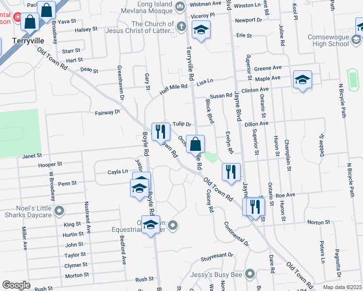 map of restaurants, bars, coffee shops, grocery stores, and more near 10 Orchid Drive in Port Jefferson Station