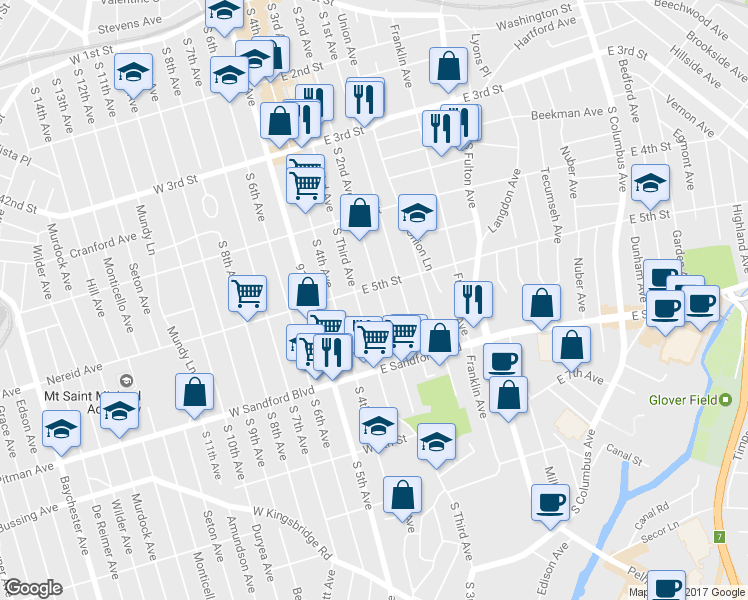 map of restaurants, bars, coffee shops, grocery stores, and more near 410 South 2nd Avenue in Mount Vernon