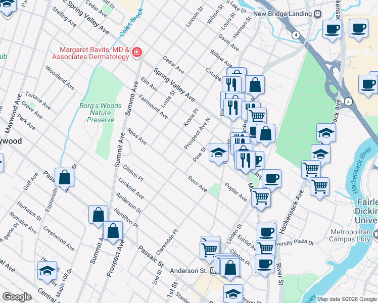 map of restaurants, bars, coffee shops, grocery stores, and more near 168 Poplar Avenue in Hackensack
