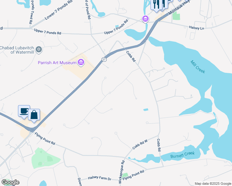 map of restaurants, bars, coffee shops, grocery stores, and more near 50 Mill Creek Close in Water Mill