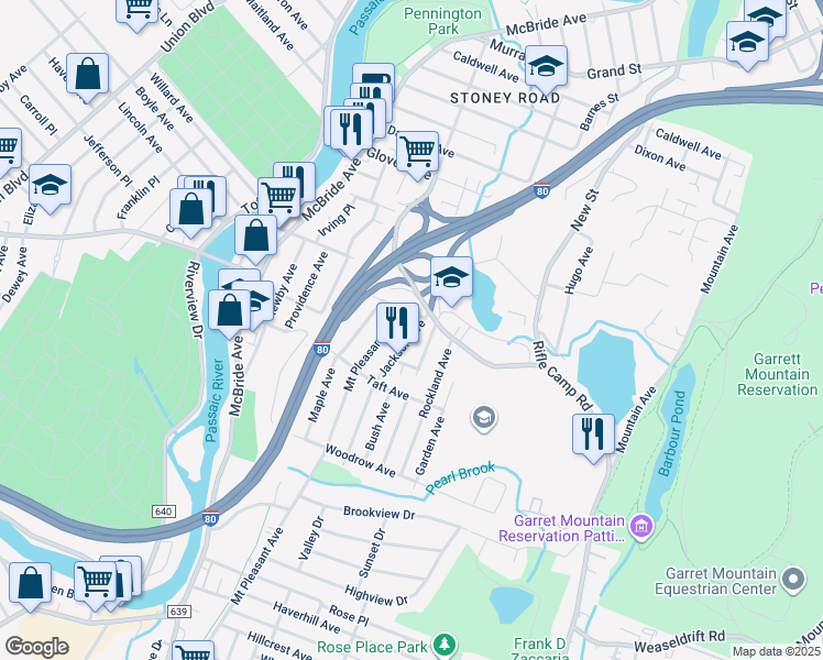 map of restaurants, bars, coffee shops, grocery stores, and more near 164 Jackson Avenue in Woodland Park