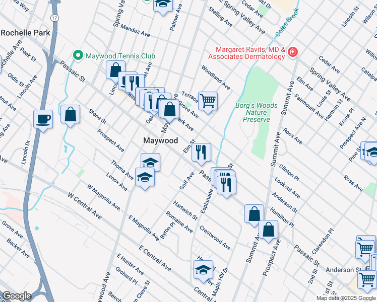 map of restaurants, bars, coffee shops, grocery stores, and more near 550 Elm Street in Maywood