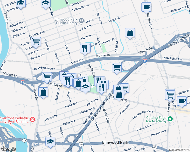 map of restaurants, bars, coffee shops, grocery stores, and more near 466 New Street in Elmwood Park