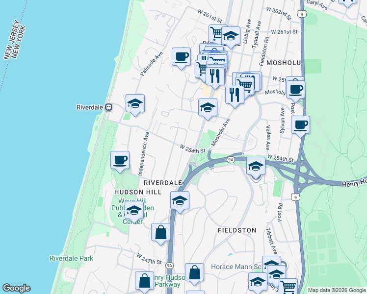 map of restaurants, bars, coffee shops, grocery stores, and more near West 254th Street & Netherland Avenue in Bronx