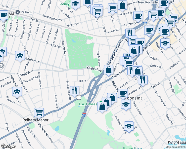 map of restaurants, bars, coffee shops, grocery stores, and more near 1 Hill Street in New Rochelle