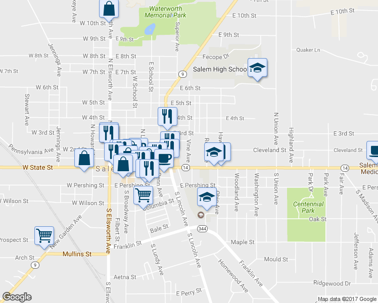 map of restaurants, bars, coffee shops, grocery stores, and more near 177 Vine Avenue in Salem