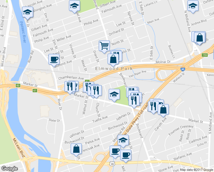 map of restaurants, bars, coffee shops, grocery stores, and more near 76 Van Riper Avenue in Elmwood Park