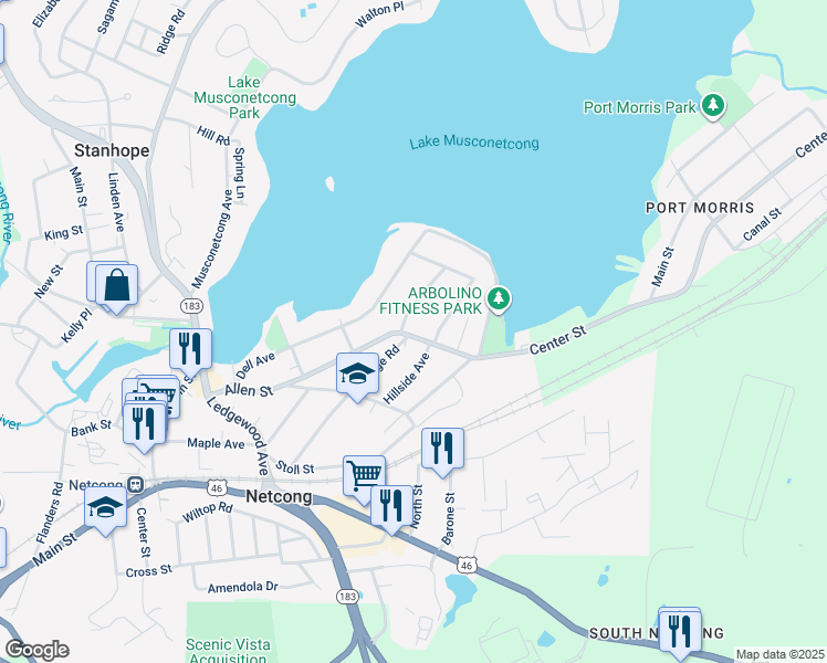 map of restaurants, bars, coffee shops, grocery stores, and more near 99 Allen Street in Netcong