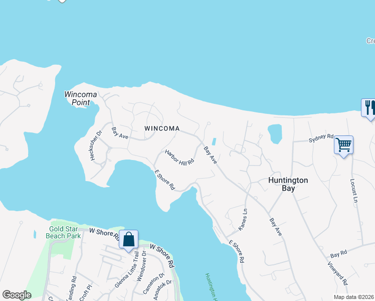 map of restaurants, bars, coffee shops, grocery stores, and more near 20 Harbor Hill Road in Huntington