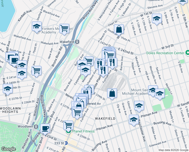 map of restaurants, bars, coffee shops, grocery stores, and more near 4566-4568 Richardson Avenue in The Bronx