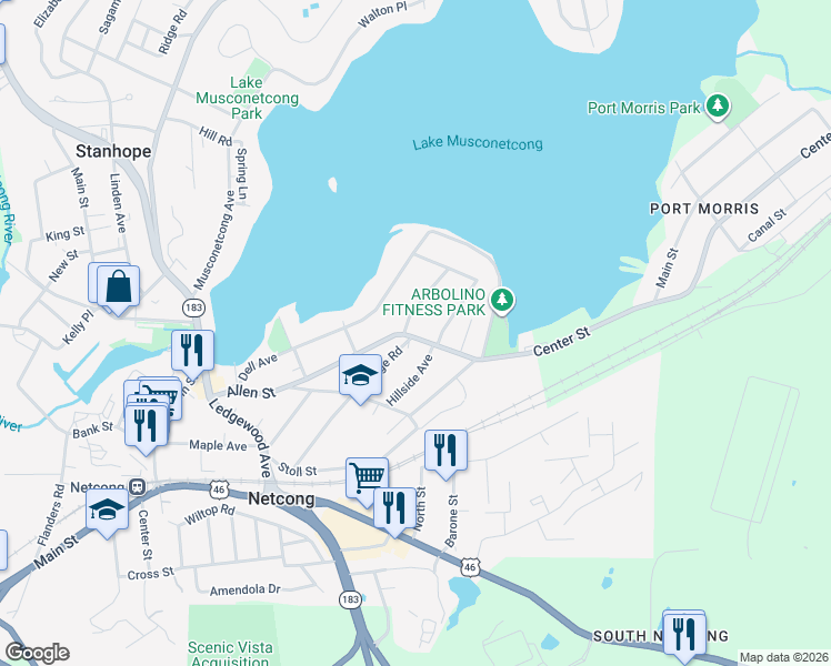 map of restaurants, bars, coffee shops, grocery stores, and more near 1A Kings Road in Netcong