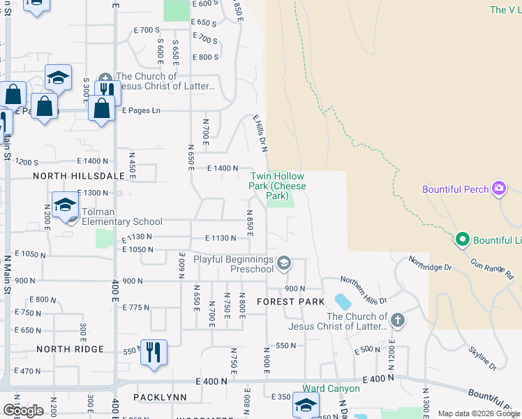 map of restaurants, bars, coffee shops, grocery stores, and more near 1225 North 900 East in Bountiful