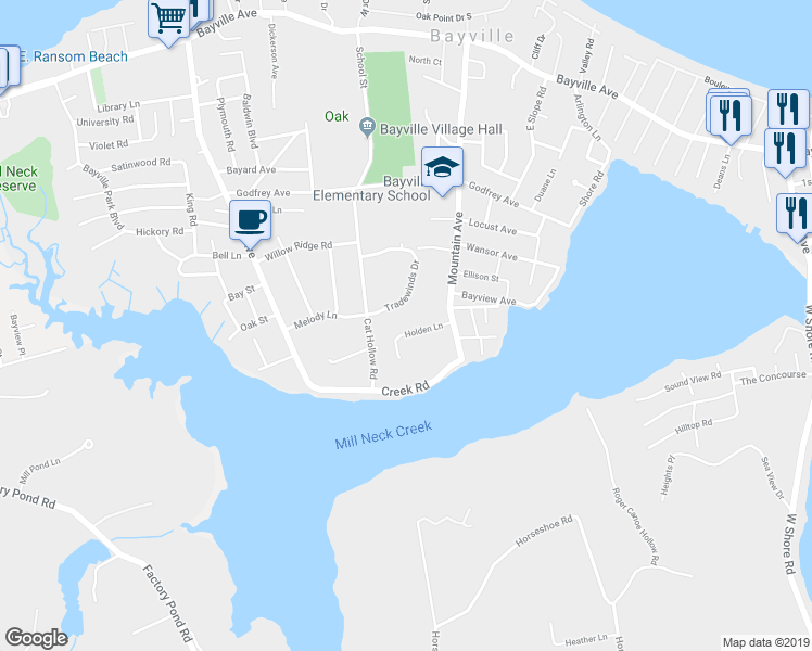map of restaurants, bars, coffee shops, grocery stores, and more near 13 Holden Lane in Bayville