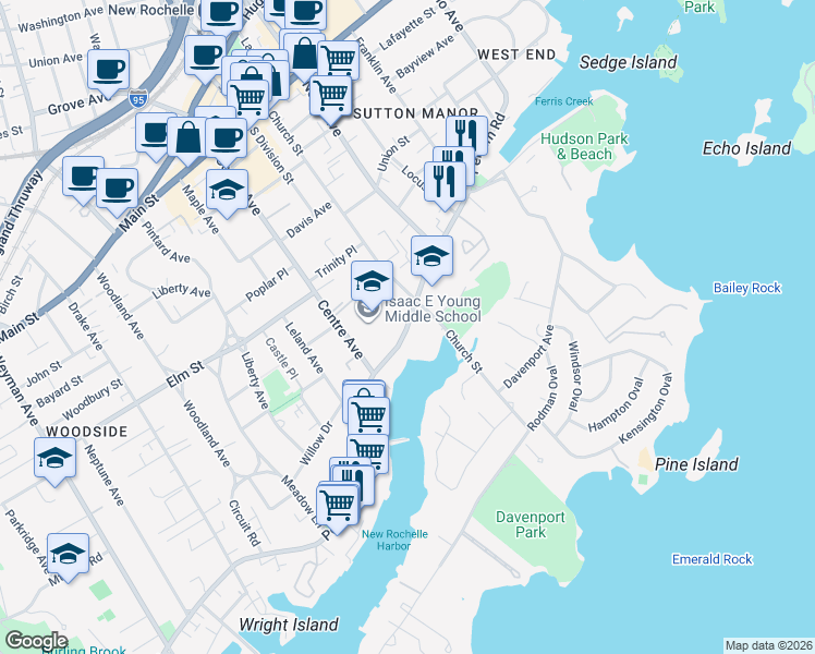 map of restaurants, bars, coffee shops, grocery stores, and more near 210 Pelham Road in New Rochelle