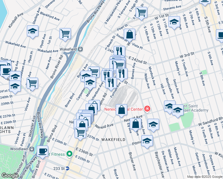 map of restaurants, bars, coffee shops, grocery stores, and more near 711 East 240th Street in Bronx