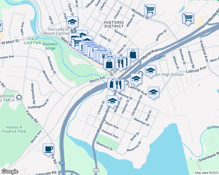 map of restaurants, bars, coffee shops, grocery stores, and more near 115 Monroe Street in Boonton