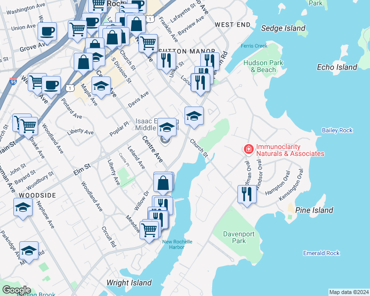 map of restaurants, bars, coffee shops, grocery stores, and more near 210 Pelham Road in New Rochelle