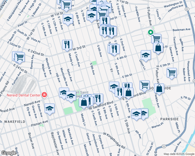 map of restaurants, bars, coffee shops, grocery stores, and more near 342 South 8th Avenue in Mount Vernon
