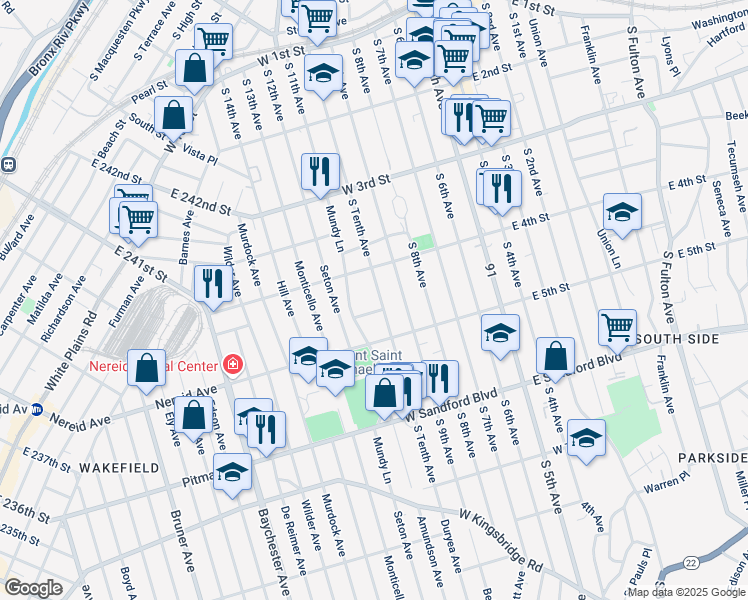 map of restaurants, bars, coffee shops, grocery stores, and more near 327 Mundy Lane in Mount Vernon