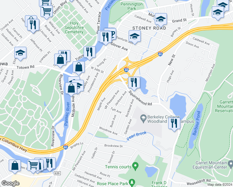 map of restaurants, bars, coffee shops, grocery stores, and more near 164 Jackson Avenue in Woodland Park