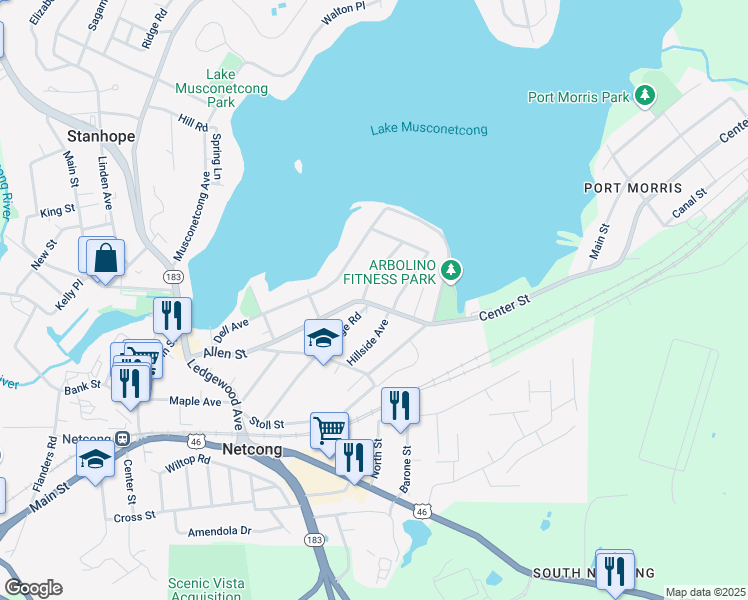 map of restaurants, bars, coffee shops, grocery stores, and more near 1A Kings Road in Netcong