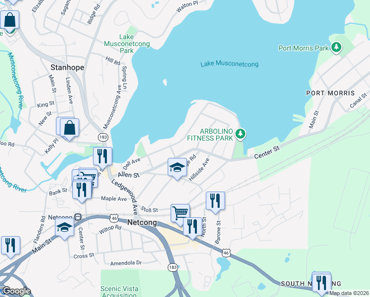 map of restaurants, bars, coffee shops, grocery stores, and more near 8 Koclas Drive in Netcong