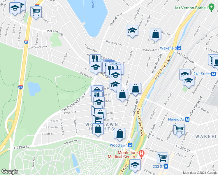 map of restaurants, bars, coffee shops, grocery stores, and more near 4391 Martha Avenue in Bronx