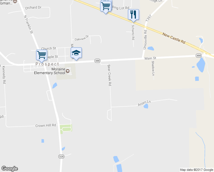 map of restaurants, bars, coffee shops, grocery stores, and more near 154 Bear Creek Road in Prospect