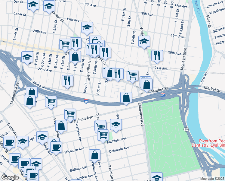 map of restaurants, bars, coffee shops, grocery stores, and more near 651 East 33rd Street in Paterson