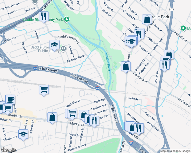 map of restaurants, bars, coffee shops, grocery stores, and more near 17 Sterling Place in Saddle Brook