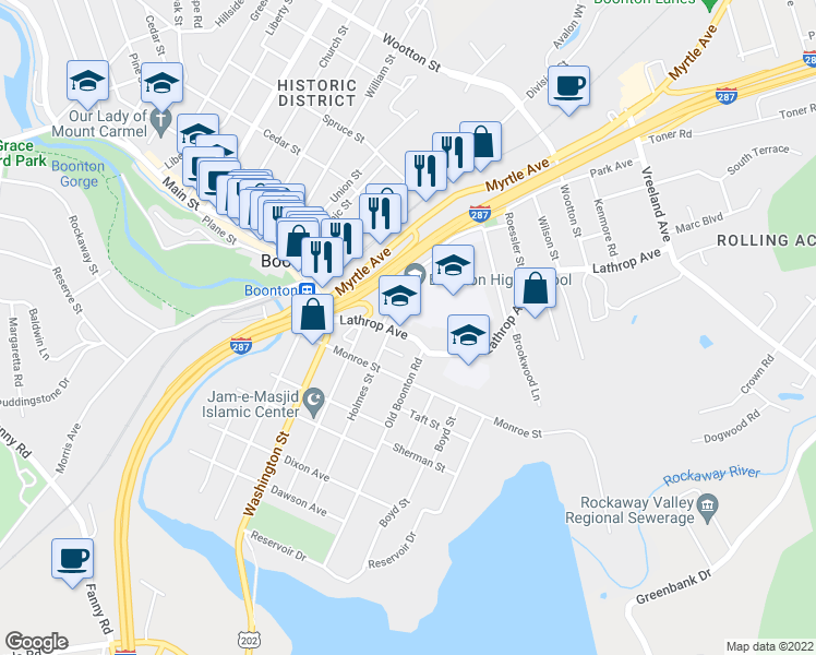 map of restaurants, bars, coffee shops, grocery stores, and more near 314 Lathrop Avenue in Boonton