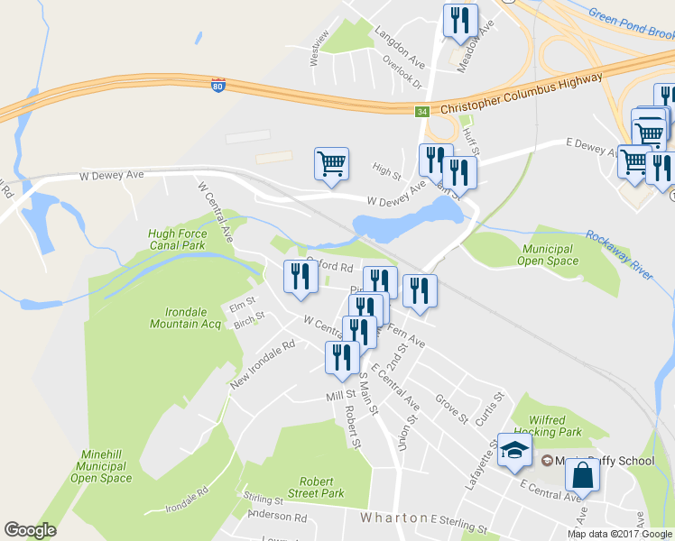 map of restaurants, bars, coffee shops, grocery stores, and more near 27 Oxford Drive in Wharton