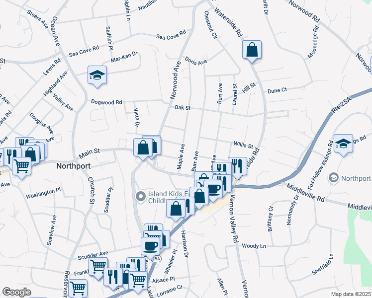 map of restaurants, bars, coffee shops, grocery stores, and more near 44 Maple Avenue in Northport
