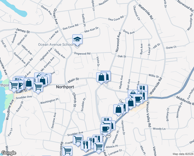 map of restaurants, bars, coffee shops, grocery stores, and more near 451 Main Street in Northport