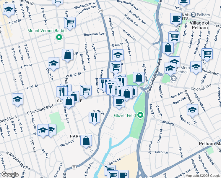 map of restaurants, bars, coffee shops, grocery stores, and more near 469 South Columbus Avenue in Mount Vernon