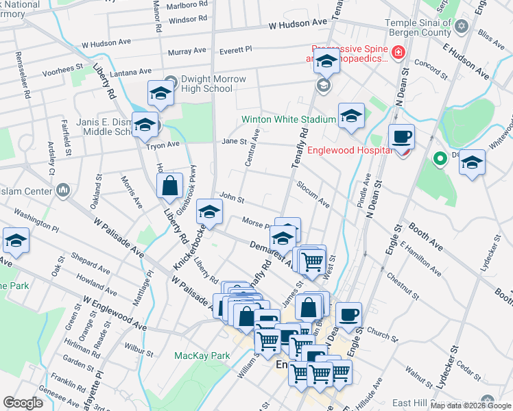 map of restaurants, bars, coffee shops, grocery stores, and more near 164 John Street in Englewood