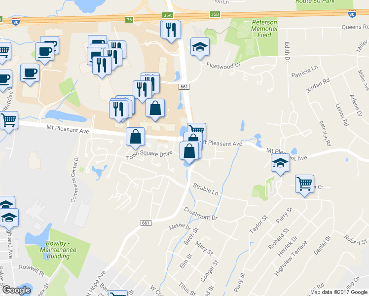 map of restaurants, bars, coffee shops, grocery stores, and more near 28 Heritage Way in Rockaway