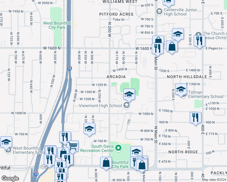 map of restaurants, bars, coffee shops, grocery stores, and more near 1266 North 200 West in Bountiful