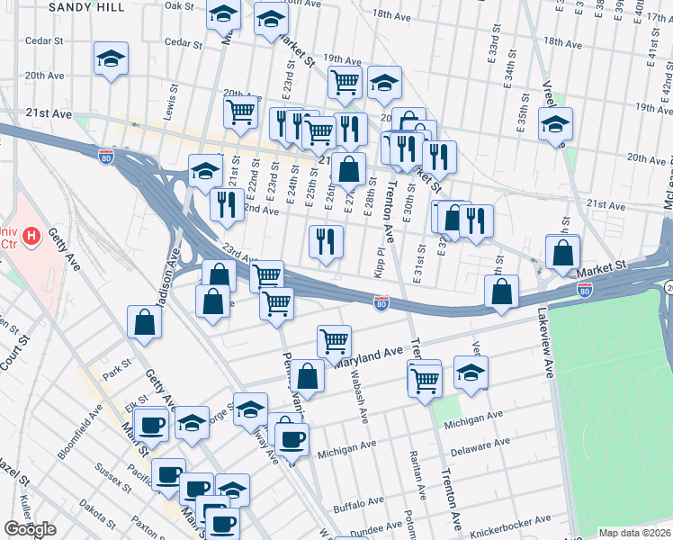 map of restaurants, bars, coffee shops, grocery stores, and more near 159 23rd Avenue in Paterson