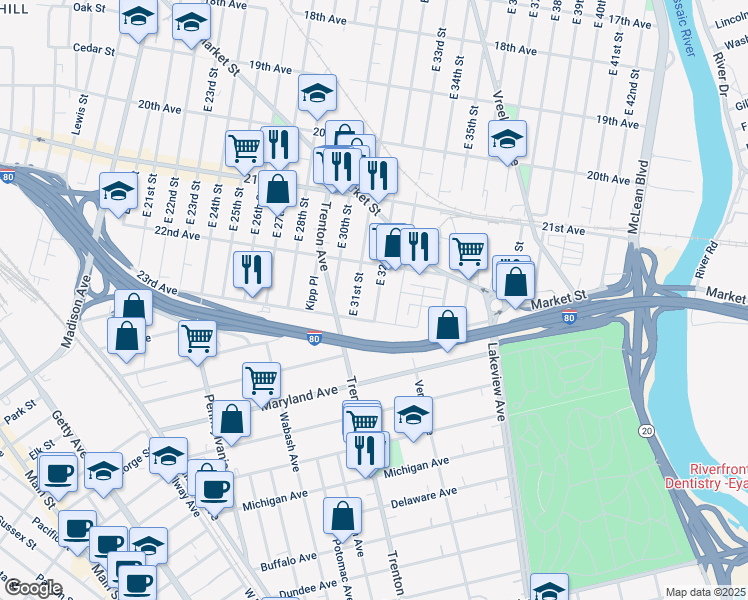 map of restaurants, bars, coffee shops, grocery stores, and more near 686 East 32nd Street in Paterson