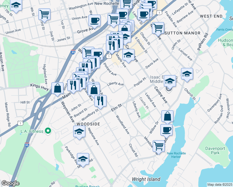 map of restaurants, bars, coffee shops, grocery stores, and more near 34 Linden Place in New Rochelle