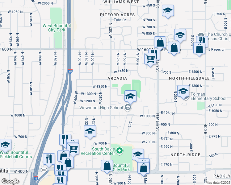 map of restaurants, bars, coffee shops, grocery stores, and more near 1260 North 200 West in Bountiful