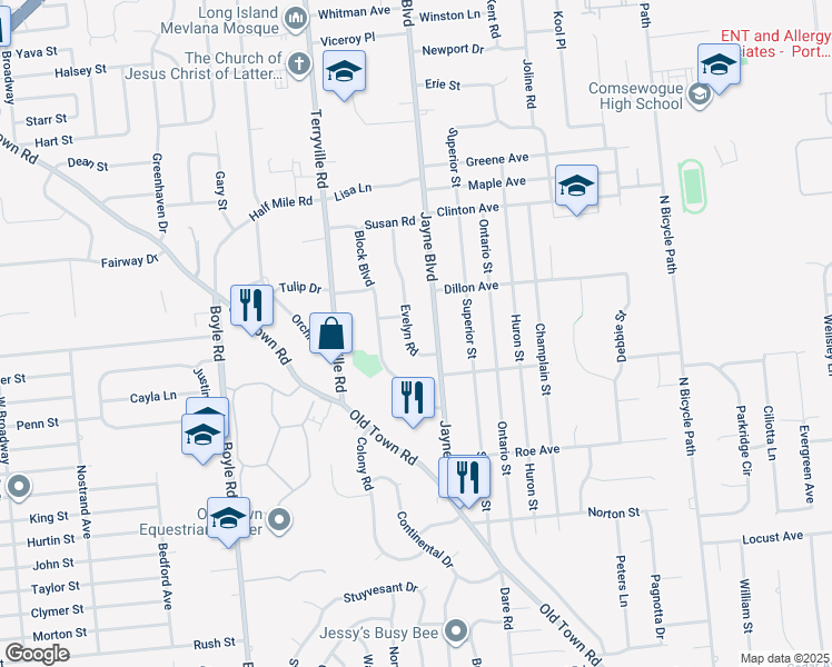 map of restaurants, bars, coffee shops, grocery stores, and more near 5 Evelyn Road in Port Jefferson Station