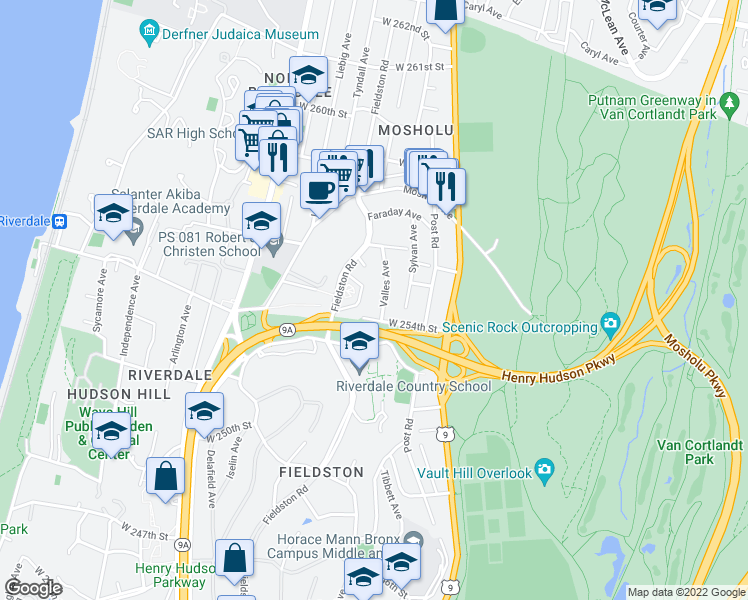 map of restaurants, bars, coffee shops, grocery stores, and more near 273 West 254th Street in Bronx