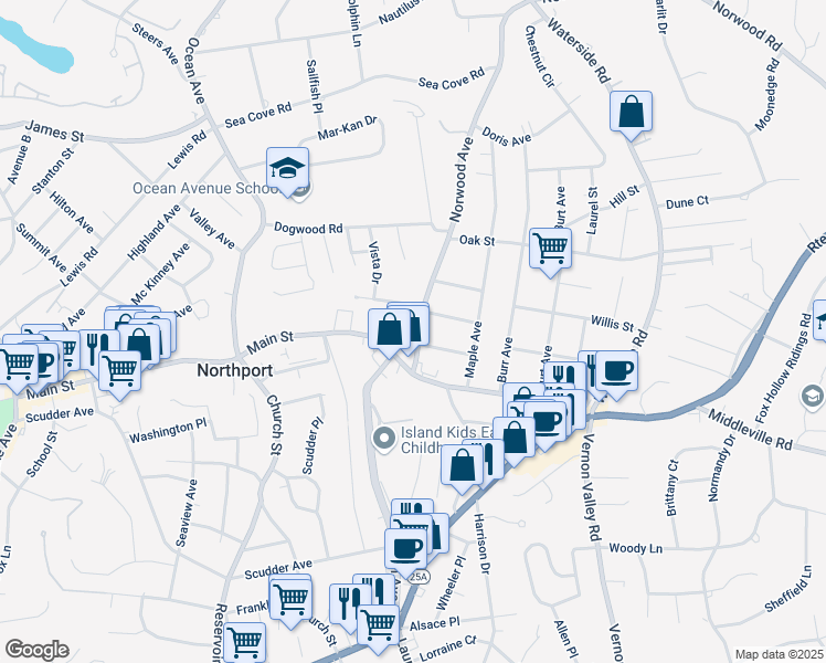 map of restaurants, bars, coffee shops, grocery stores, and more near 31 Norwood Avenue in Northport