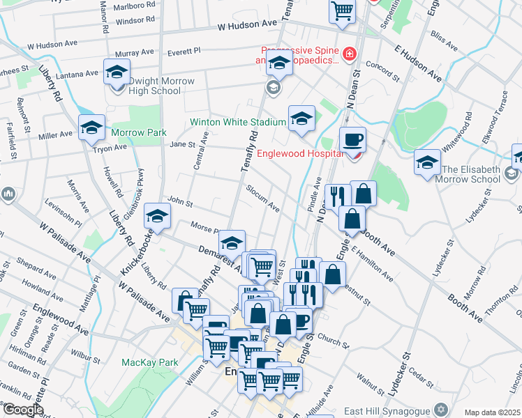 map of restaurants, bars, coffee shops, grocery stores, and more near 207 Prospect Street in Englewood