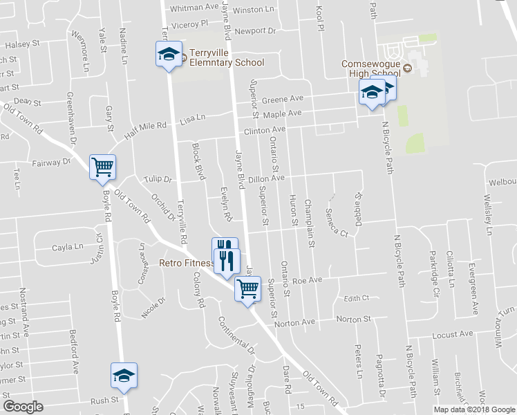 map of restaurants, bars, coffee shops, grocery stores, and more near 27 Superior Street in Port Jefferson Station