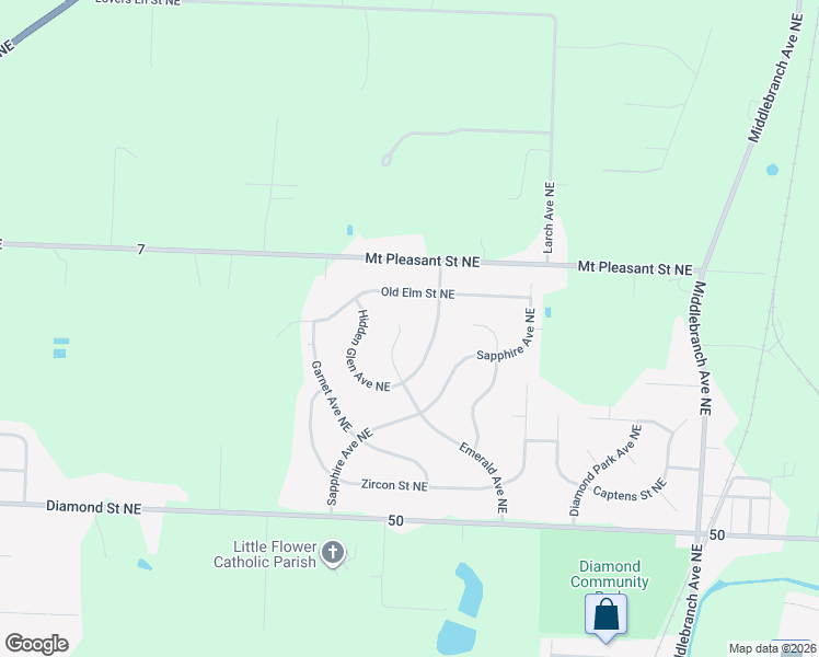 map of restaurants, bars, coffee shops, grocery stores, and more near 8256 Emerald Avenue Northeast in North Canton