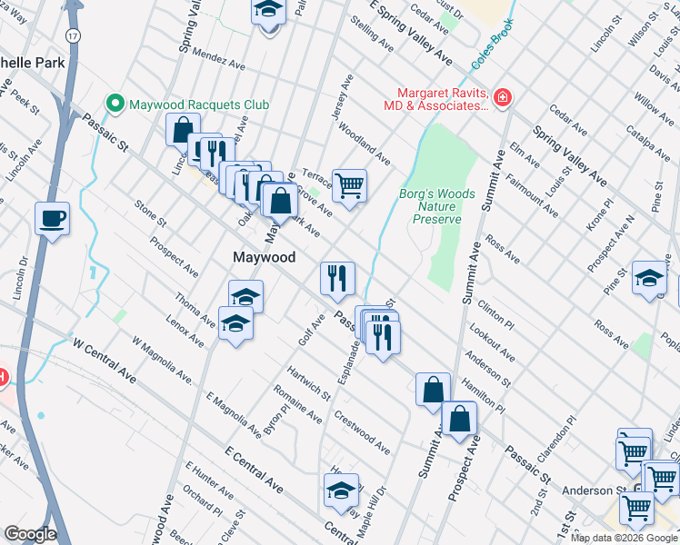 map of restaurants, bars, coffee shops, grocery stores, and more near 103 East Pleasant Avenue in Maywood