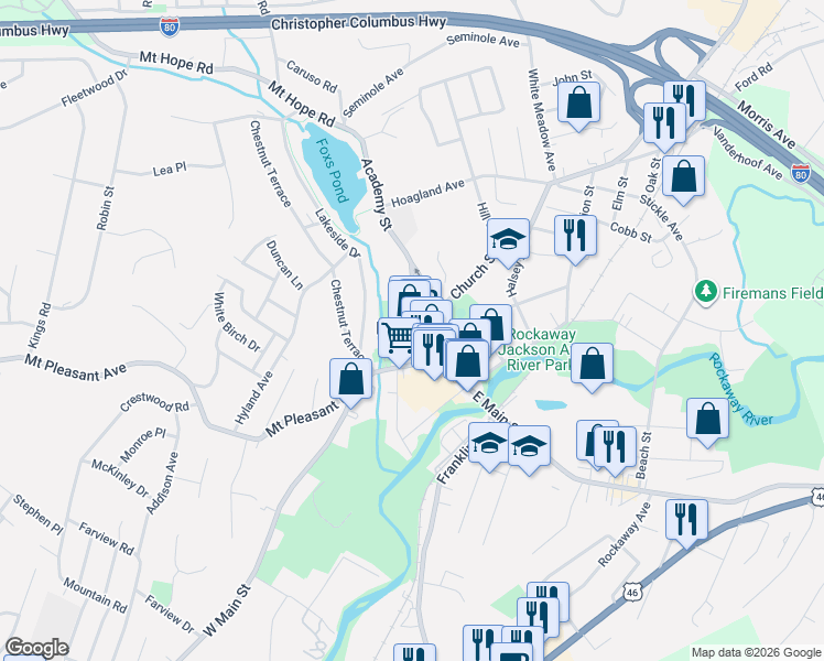 map of restaurants, bars, coffee shops, grocery stores, and more near 31 Wall Street in Rockaway